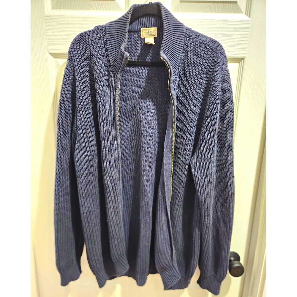 L.L.Bean Men's Blue Cotton Knit Full Zip Mock Neck Sweater L